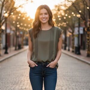 EXPRESS | Lace Cap Sleeve Blouse | Olive Green | NWT